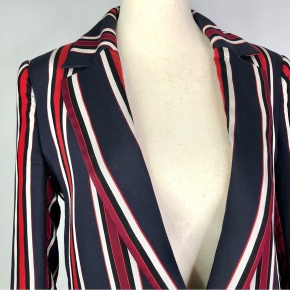 H&M striped viscose sateen blazer navy black red size 4 - Picture 2 of 10
